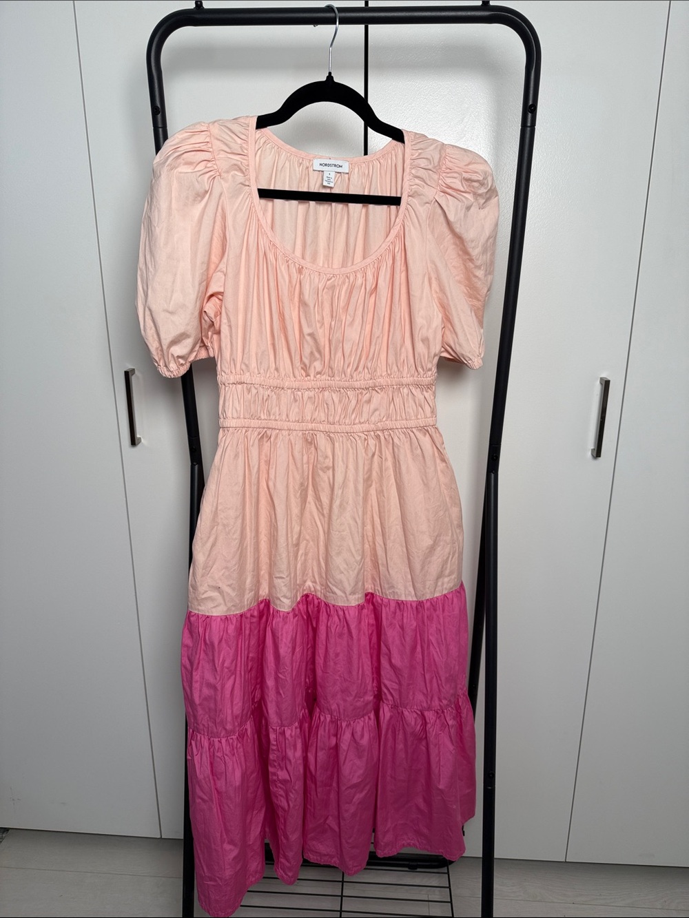 Nordstrom Brand Pink Two-Tone Puff Sleeve Tiered Dress with pockets